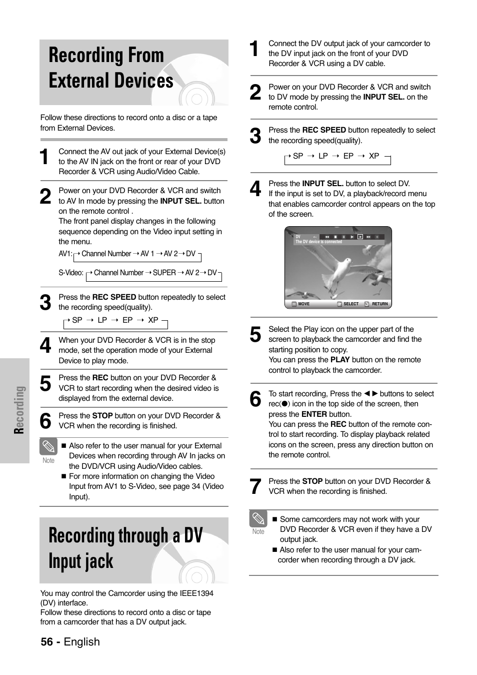 Recording from external devices, Recording through a dv input jack | Samsung DVD-VR325 User Manual | Page 56 / 90