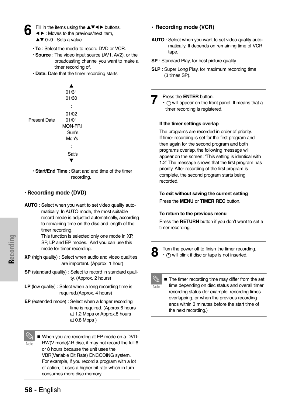 Recording, 58 - english | Samsung DVD-VR325 User Manual | Page 58 / 90