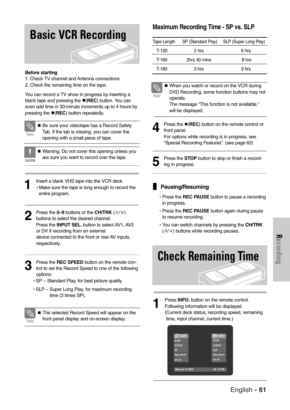 Basic vcr recording, Check remaining time, Recording | English - 61, Maximum recording time - sp vs. slp | Samsung DVD-VR325 User Manual | Page 61 / 90