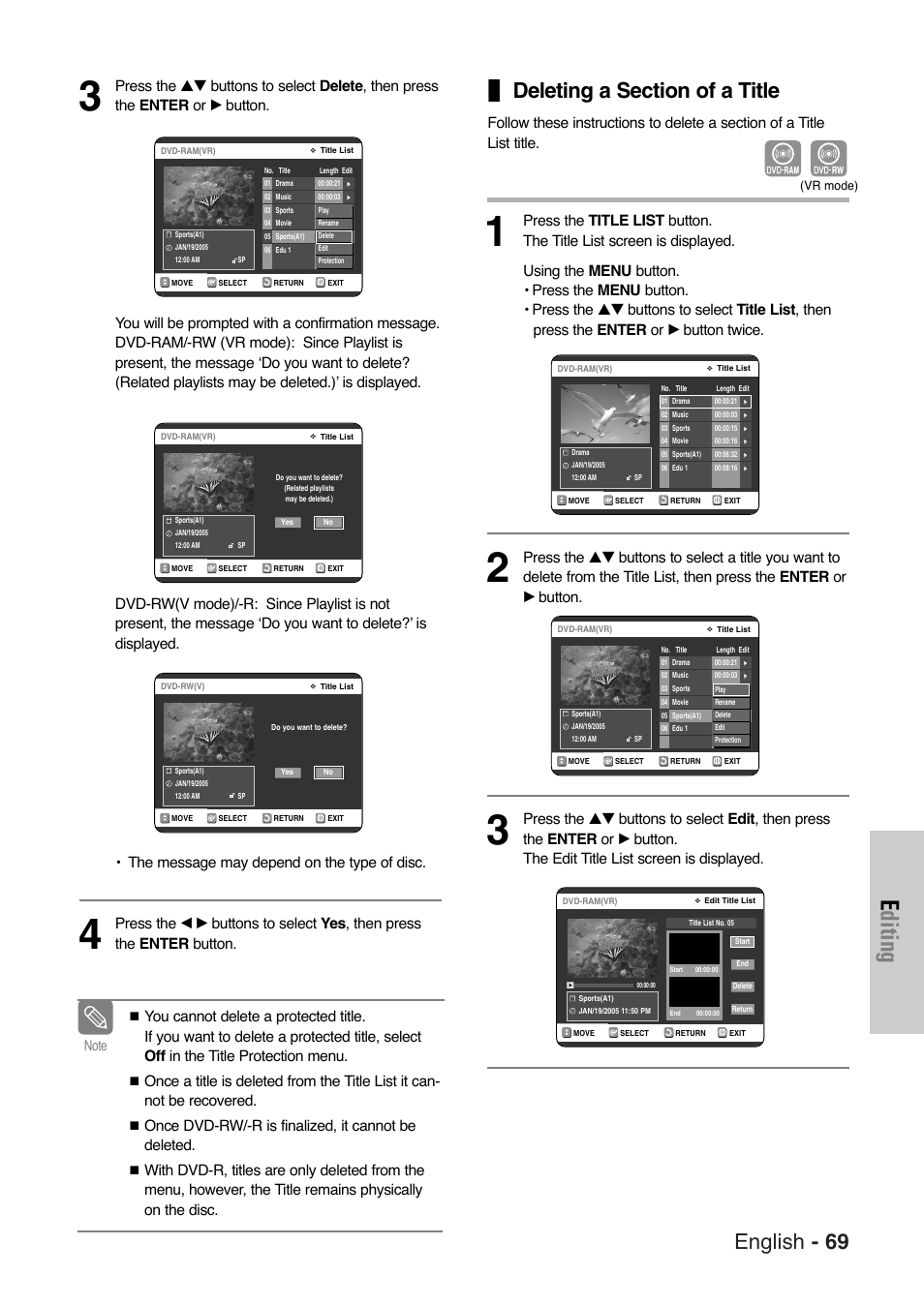 Deleting a section of a title, Editing, English - 69 | Samsung DVD-VR325 User Manual | Page 69 / 90