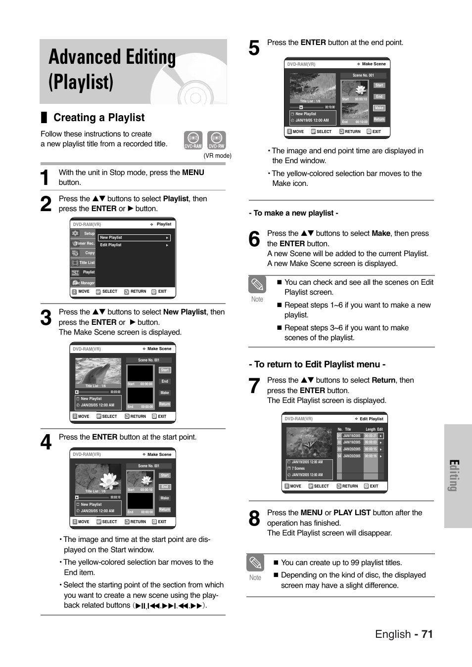 Advanced editing (playlist), Creating a playlist, Editing | English - 71 | Samsung DVD-VR325 User Manual | Page 71 / 90