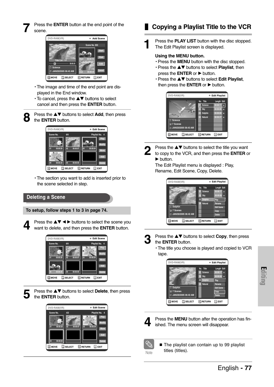 Editing, Copying a playlist title to the vcr, English - 77 | Deleting a scene | Samsung DVD-VR325 User Manual | Page 77 / 90