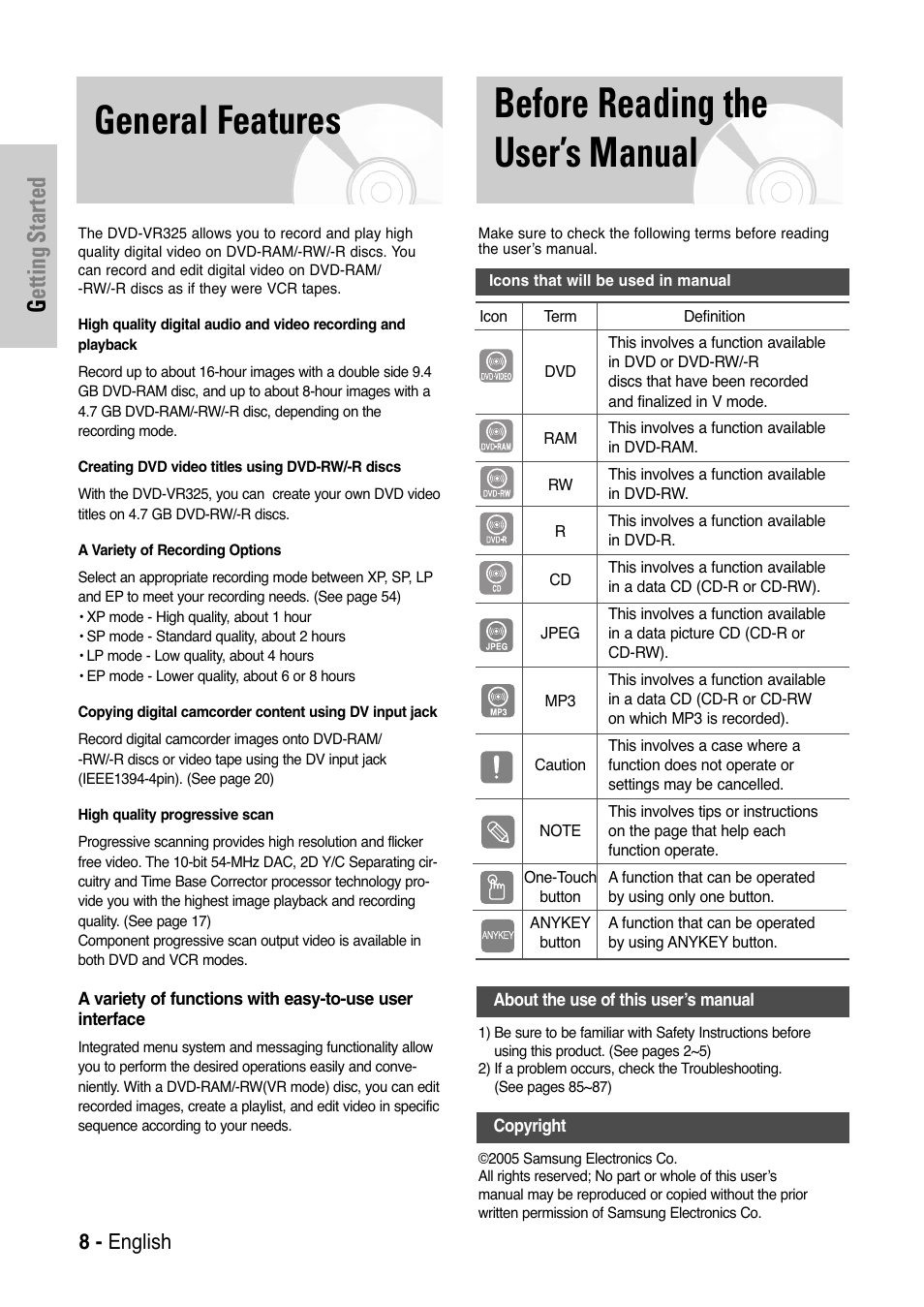 General features, Before reading the user’s manual, Getting started | 8 - english | Samsung DVD-VR325 User Manual | Page 8 / 90