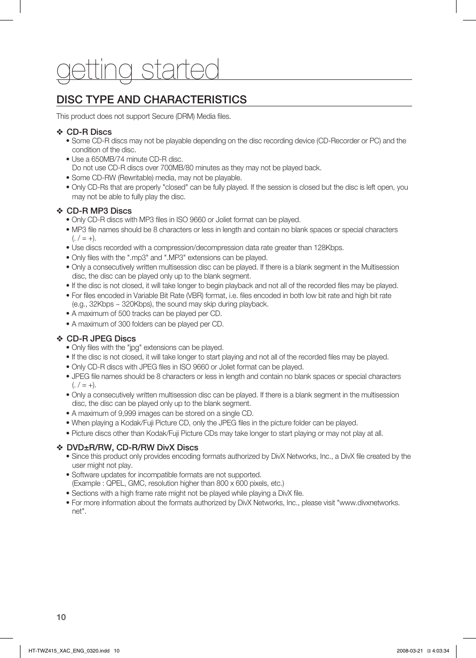 Disc type and characteristics, Description, Front panel | Getting started | Samsung HT-TWZ415 User Manual | Page 10 / 75
