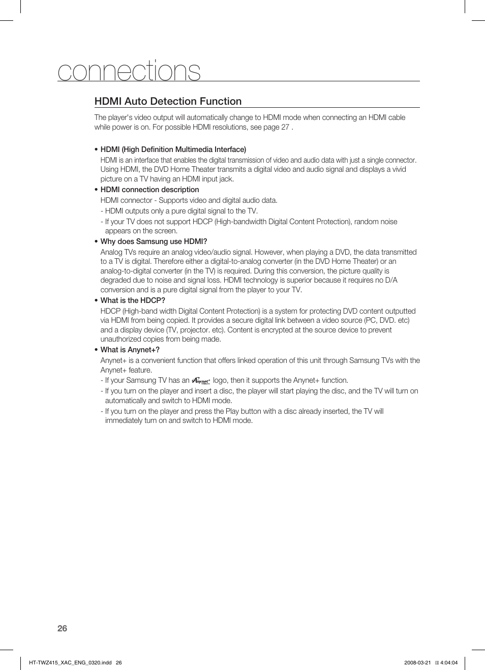 Hdmi auto detection function, Hdmi function, Conecting an ipod | Connections | Samsung HT-TWZ415 User Manual | Page 26 / 75