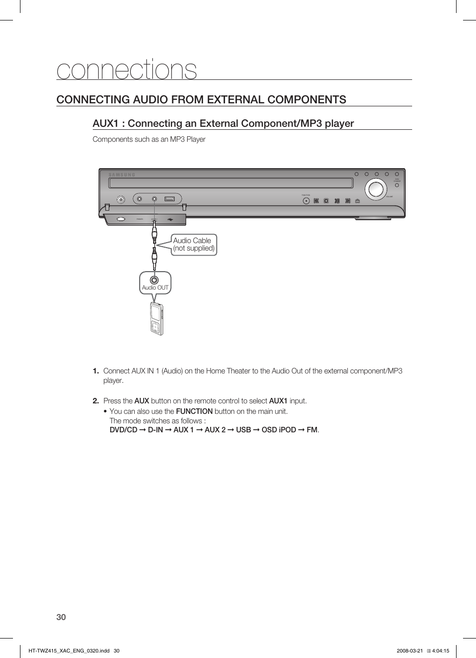 Conecting audio from external components, Connections, Connecting audio from external components | Aux1 : connecting an external component/mp3 player | Samsung HT-TWZ415 User Manual | Page 30 / 75