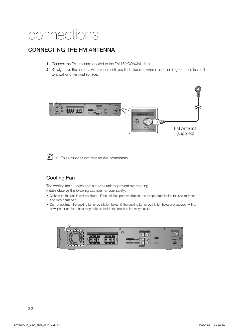 Conecting the fm antena, Before using your home theater, Playback | Disc playback, Connections, Connecting the fm antenna | Samsung HT-TWZ415 User Manual | Page 32 / 75
