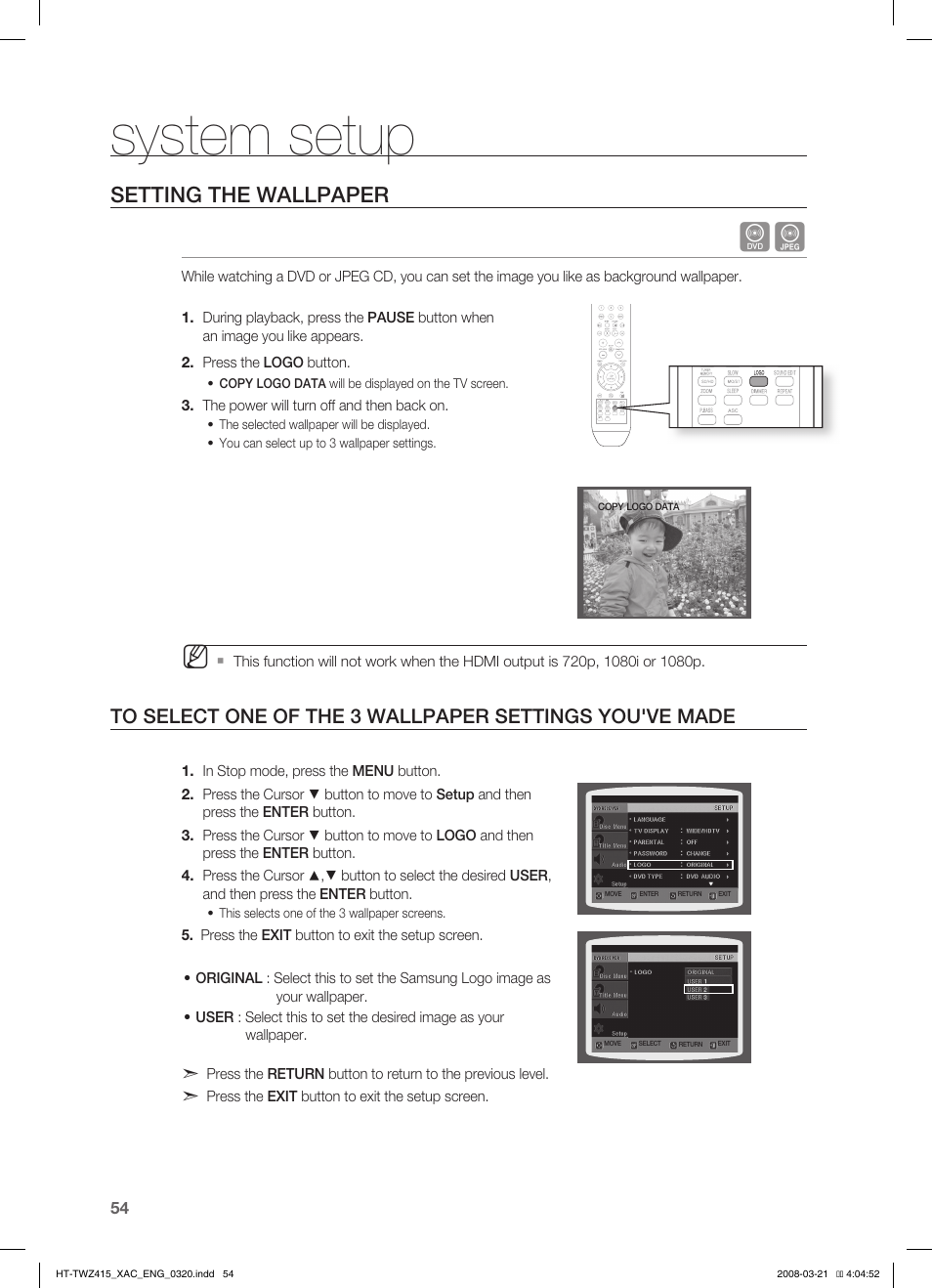 Setting the wallpaper, Dvd playback mode, Seting the speaker mode | System setup | Samsung HT-TWZ415 User Manual | Page 54 / 75