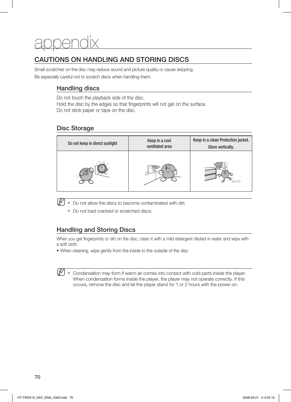 Appendix, Specifications, Cautions on handling and storing discs | Samsung HT-TWZ415 User Manual | Page 70 / 75