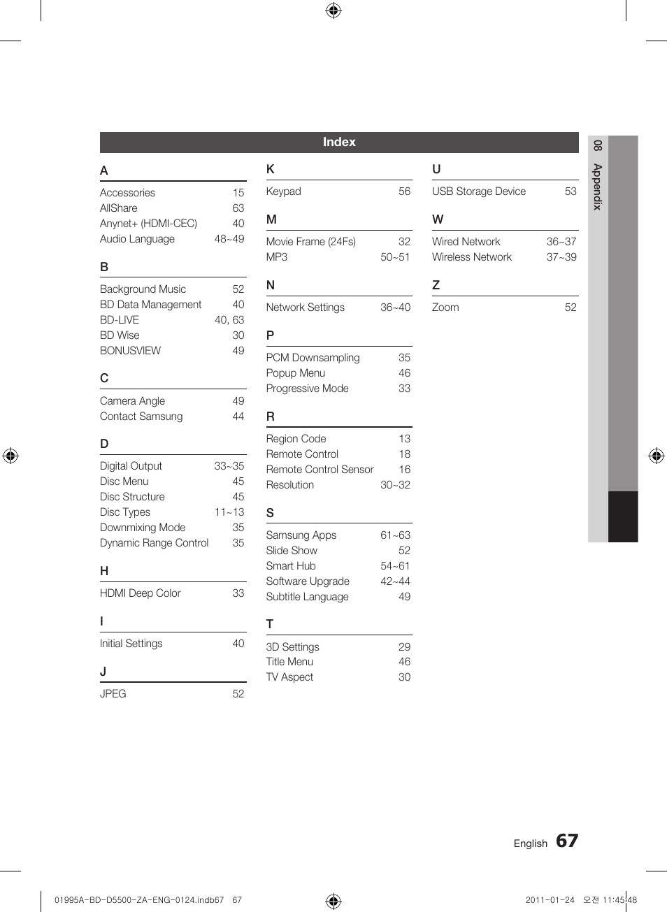 Index | Samsung BD-D5500 User Manual | Page 67 / 74