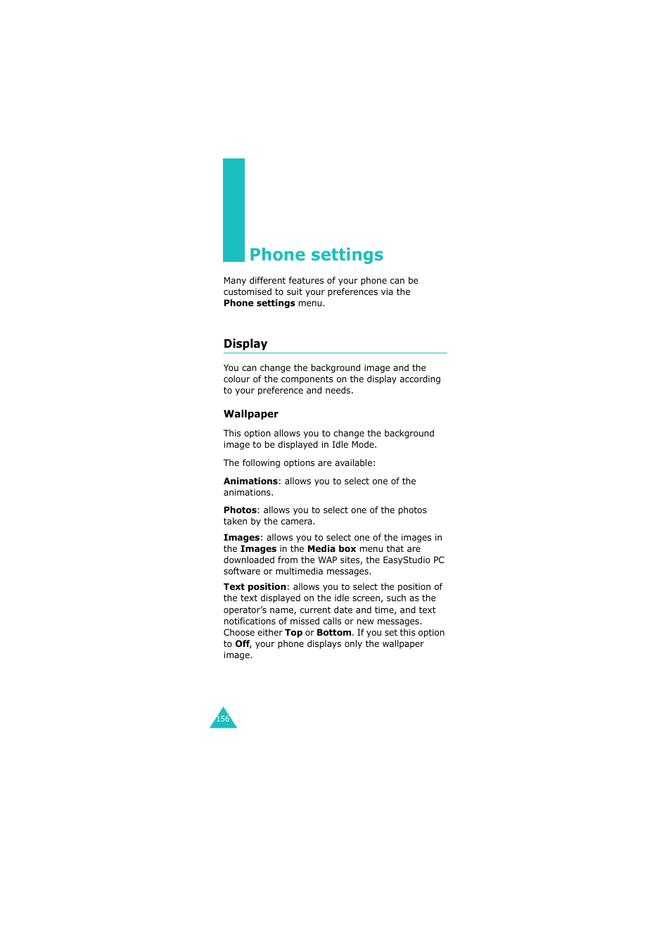 Phone settings, Display | Samsung 08/2004 User Manual | Page 157 / 196