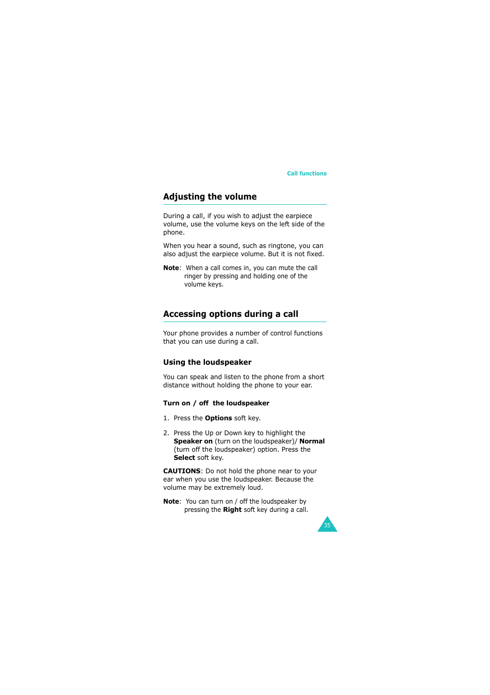 Adjusting the volume, Accessing options during a call | Samsung 08/2004 User Manual | Page 36 / 196