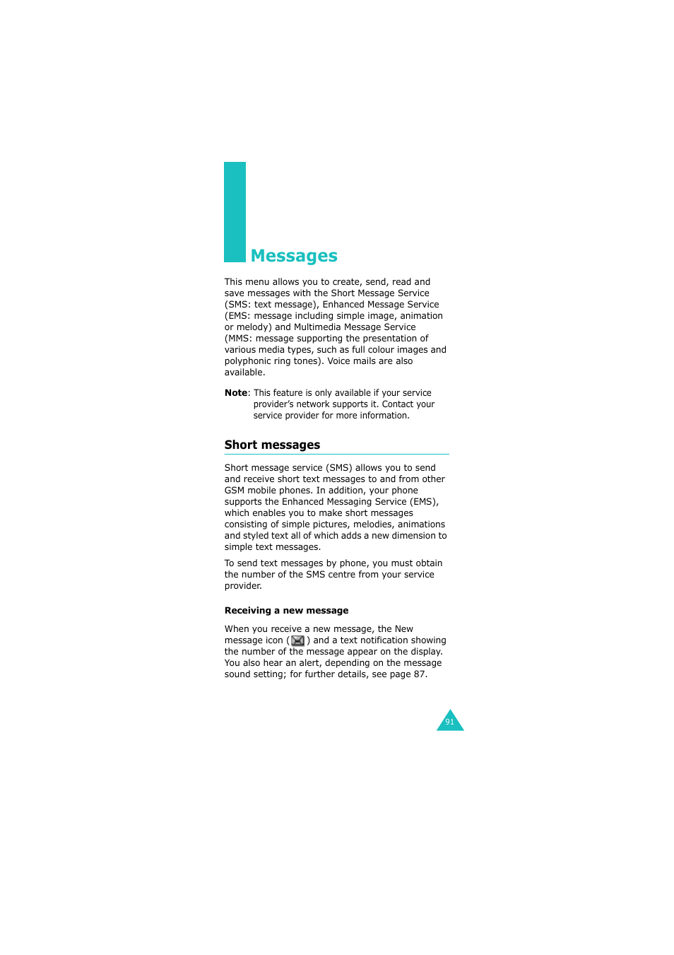 Messages, Short messages | Samsung 08/2004 User Manual | Page 92 / 196