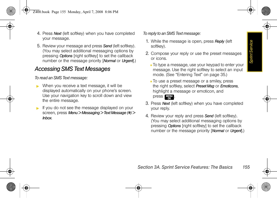Accessing sms text messages | Samsung Z400 User Manual | Page 171 / 213