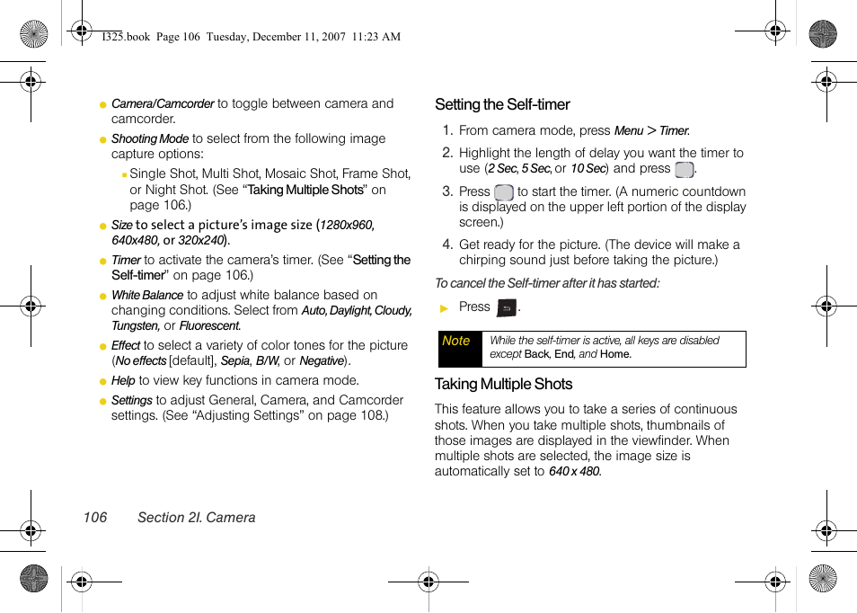 Setting the self-timer, Taking multiple shots | Samsung ACE User Manual | Page 121 / 210