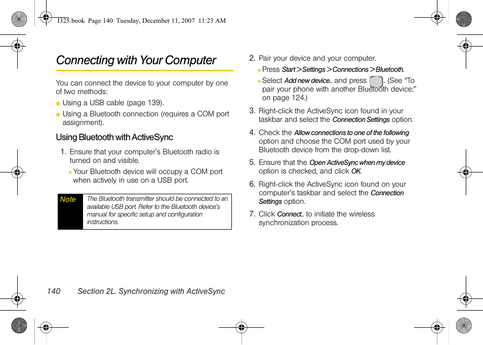 Connecting with your computer, Using bluetooth with activesync | Samsung ACE User Manual | Page 155 / 210