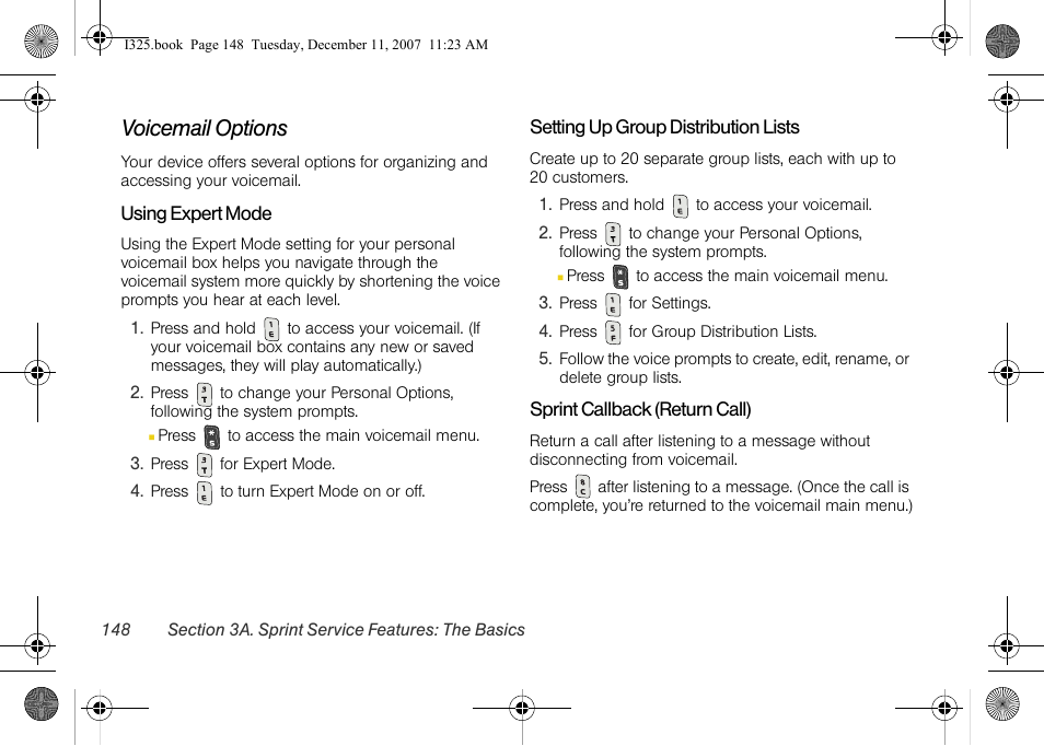 Voicemail options, Using expert mode, Setting up group distribution lists | Sprint callback (return call) | Samsung ACE User Manual | Page 163 / 210