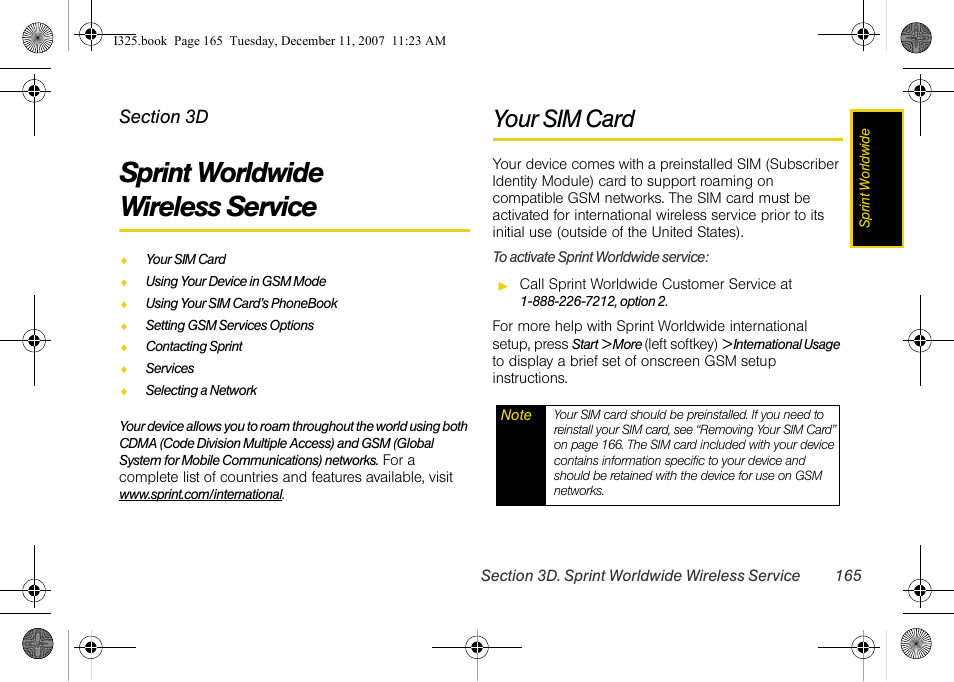 Sprint worldwide wireless service, Your sim card, 3d. sprint worldwide wireless service | Sprint worldwide, Wireless service | Samsung ACE User Manual | Page 180 / 210