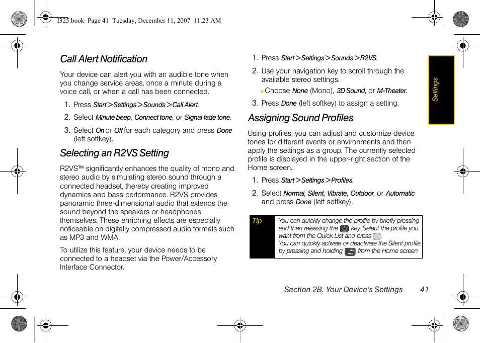 Call alert notification, Selecting an r2vs setting, Assigning sound profiles | Samsung ACE User Manual | Page 56 / 210