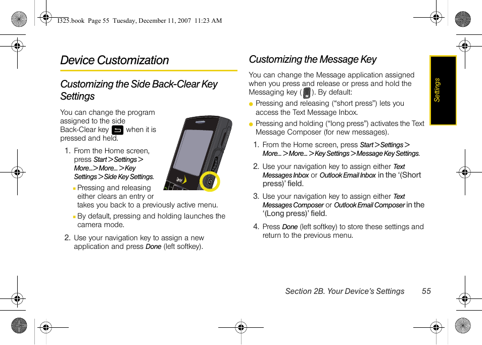 Device customization, Customizing the side back-clear key settings, Customizing the message key | Samsung ACE User Manual | Page 70 / 210