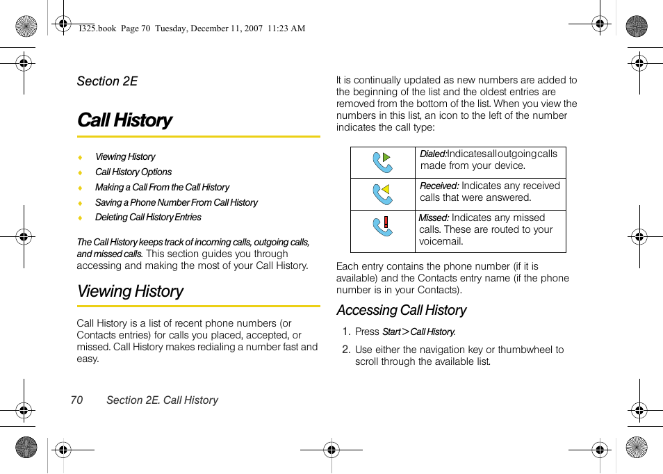Call history, Viewing history, Accessing call history | 2e. call history | Samsung ACE User Manual | Page 85 / 210