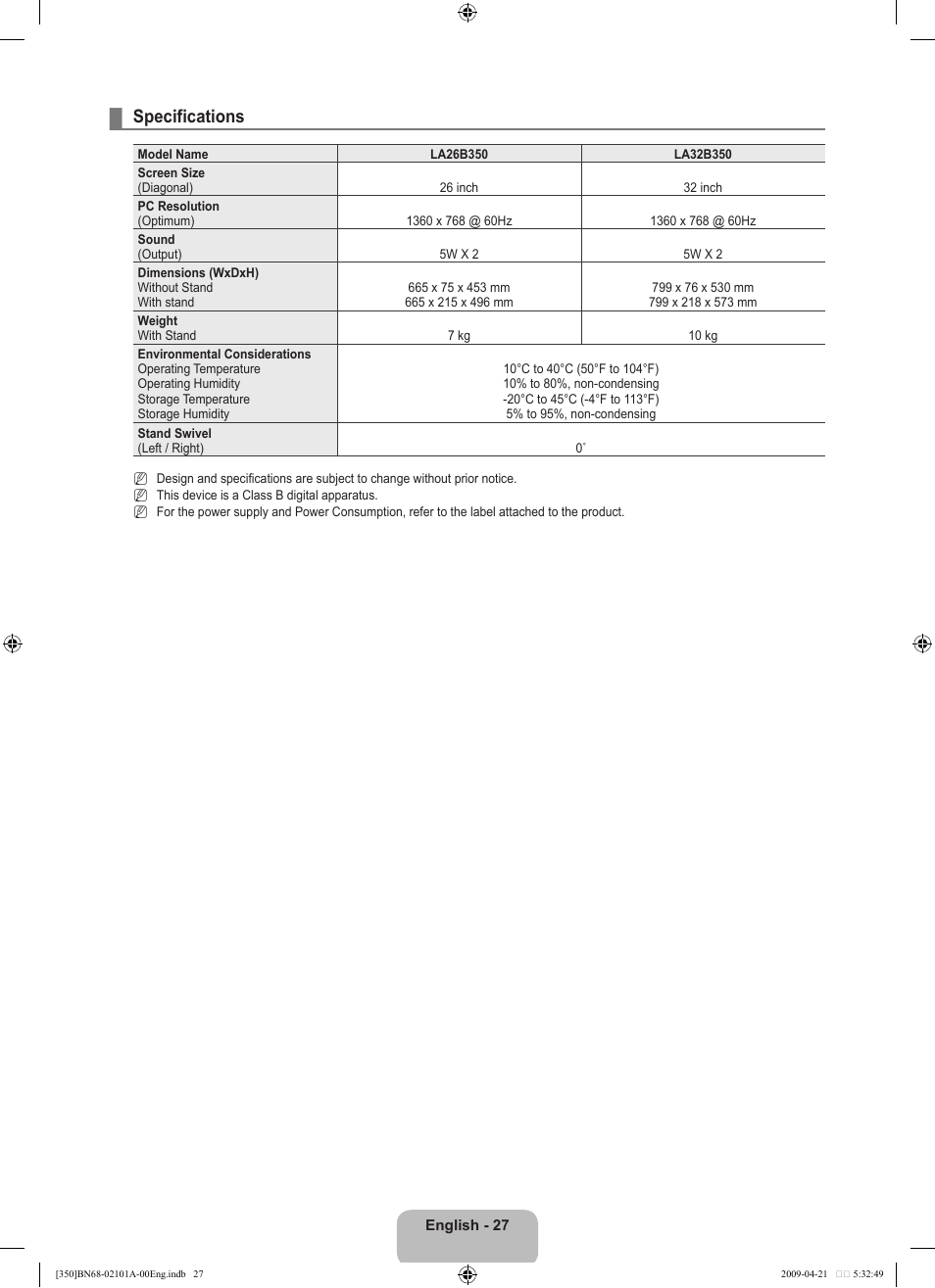 Specifications | Samsung BN68-02101A-00 User Manual | Page 29 / 29