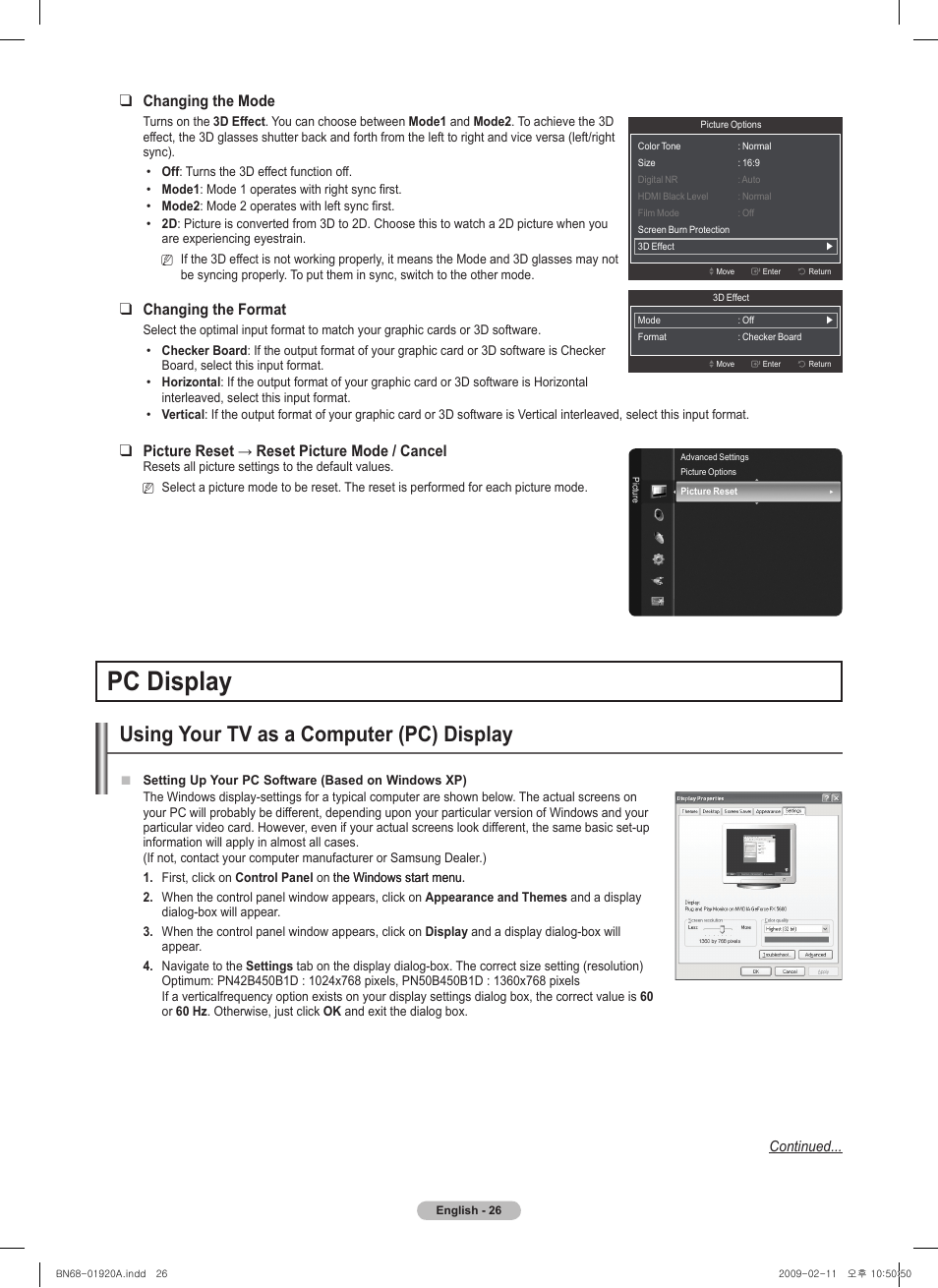 Pc display, Using your tv as a computer (pc) display, Changing the mode | Changing the format, Picturereset→resetpicturemode/cancel | Samsung BN68-01920A-00 User Manual | Page 26 / 91