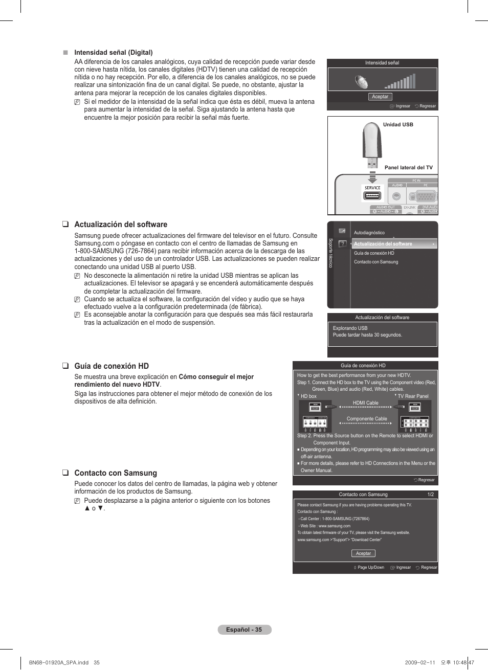 Actualización del software, Guía de conexión hd, Contacto con samsung | Samsung BN68-01920A-00 User Manual | Page 80 / 91