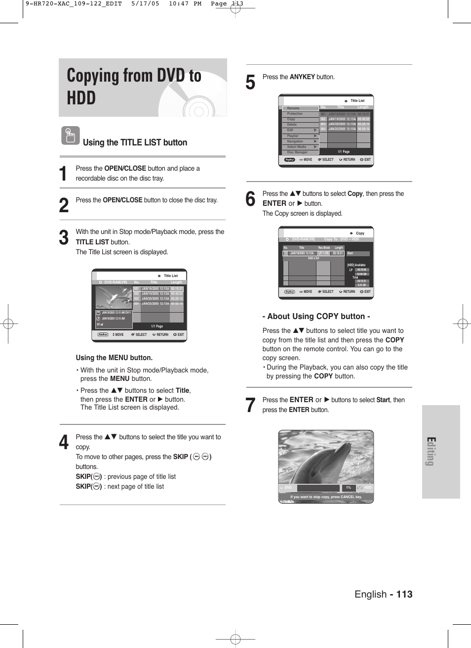 Copying from dvd to hdd, Editing, English - 113 | Using the title list button, About using copy button | Samsung DVD-HR720 User Manual | Page 113 / 130