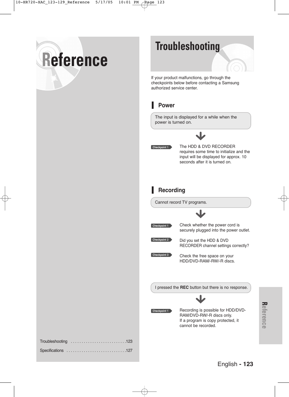Troubleshooting, Reference | Samsung DVD-HR720 User Manual | Page 123 / 130
