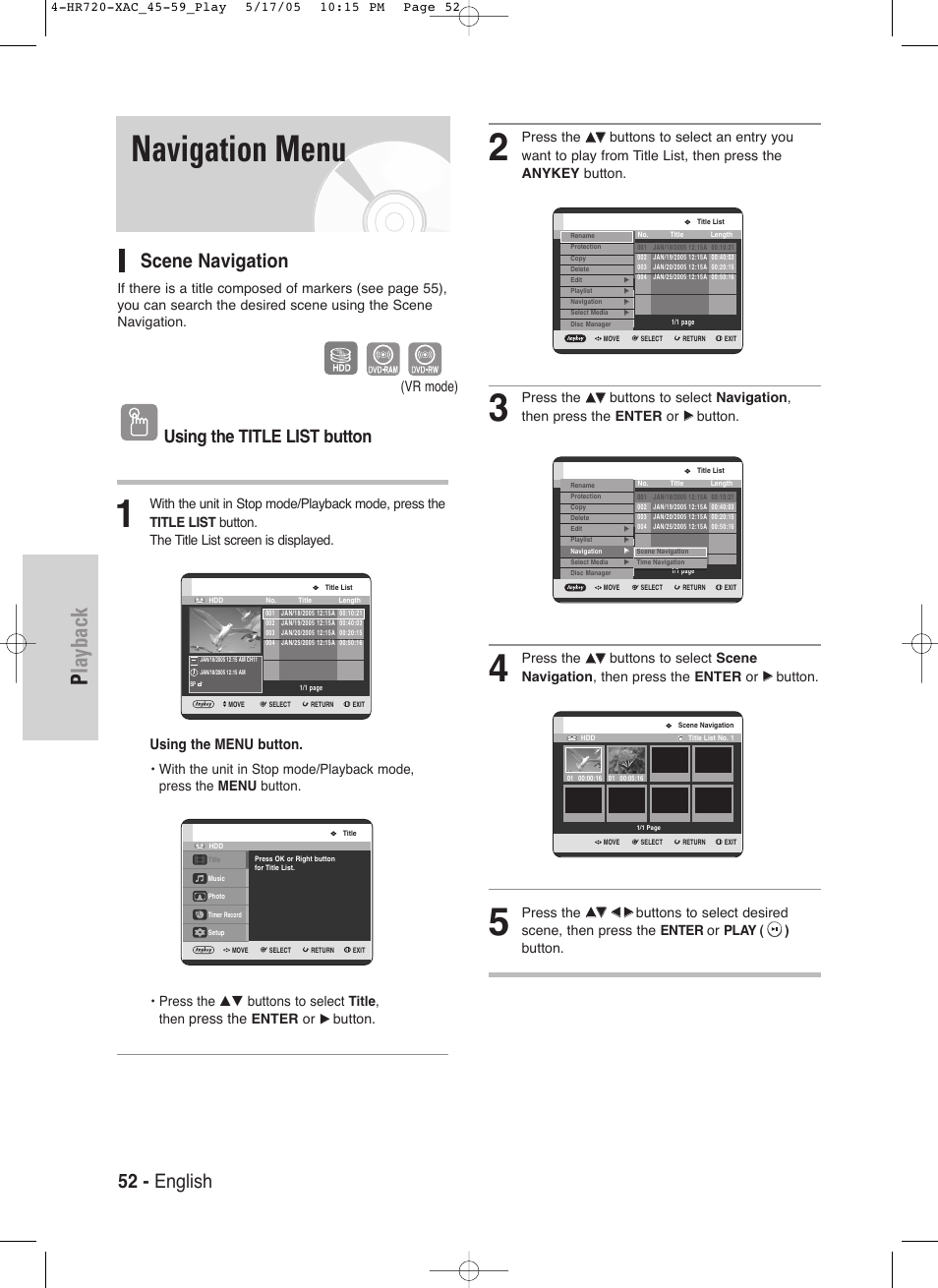Navigation menu, Playback, 52 - english | Scene navigation, Using the title list button, Using the menu button, Press the, Vr mode) | Samsung DVD-HR720 User Manual | Page 52 / 130