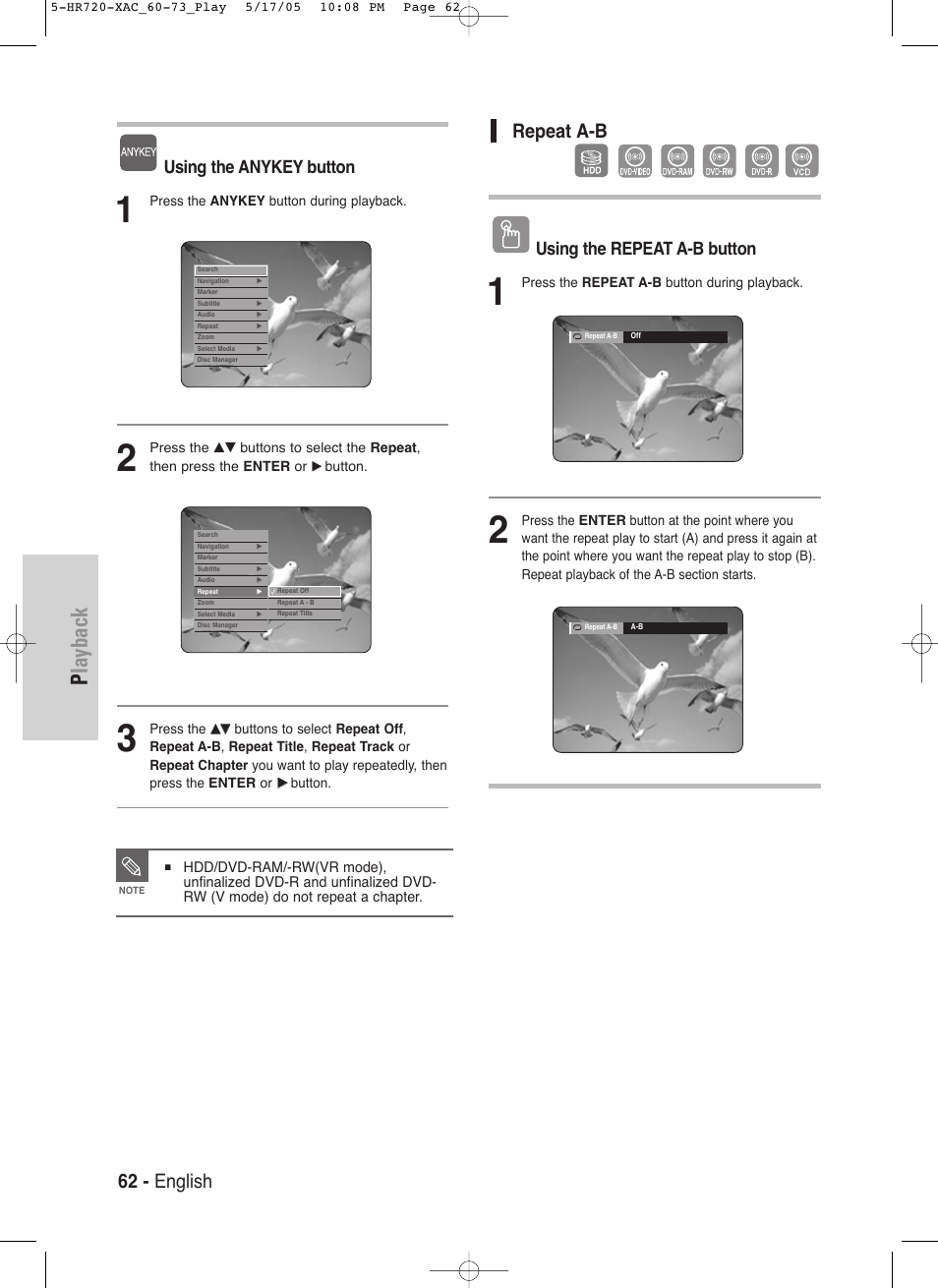 Playback, 62 - english, Repeat a-b | Using the anykey button, Using the repeat a-b button | Samsung DVD-HR720 User Manual | Page 62 / 130