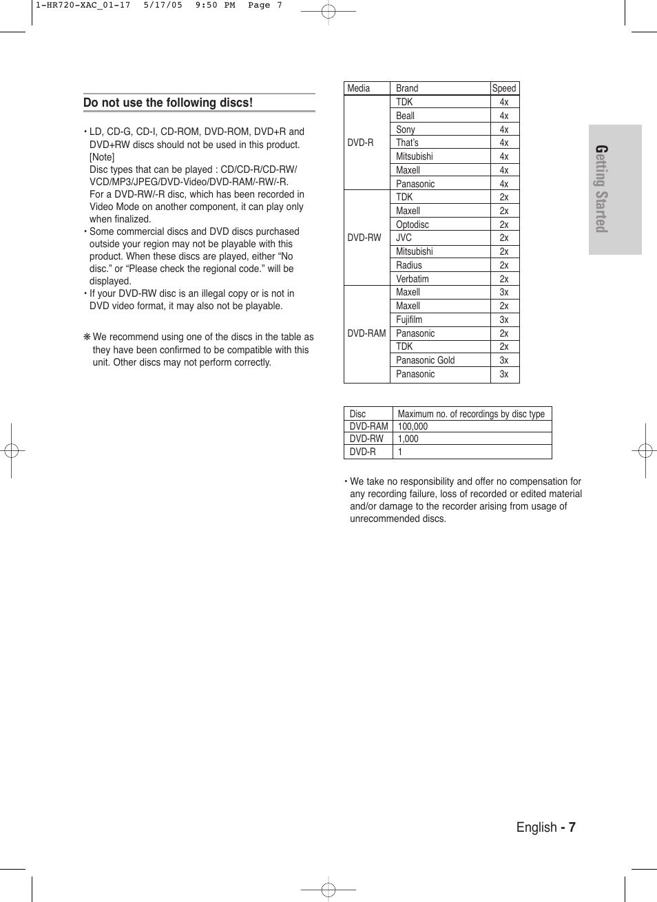 Getting started, English - 7 | Samsung DVD-HR720 User Manual | Page 7 / 130