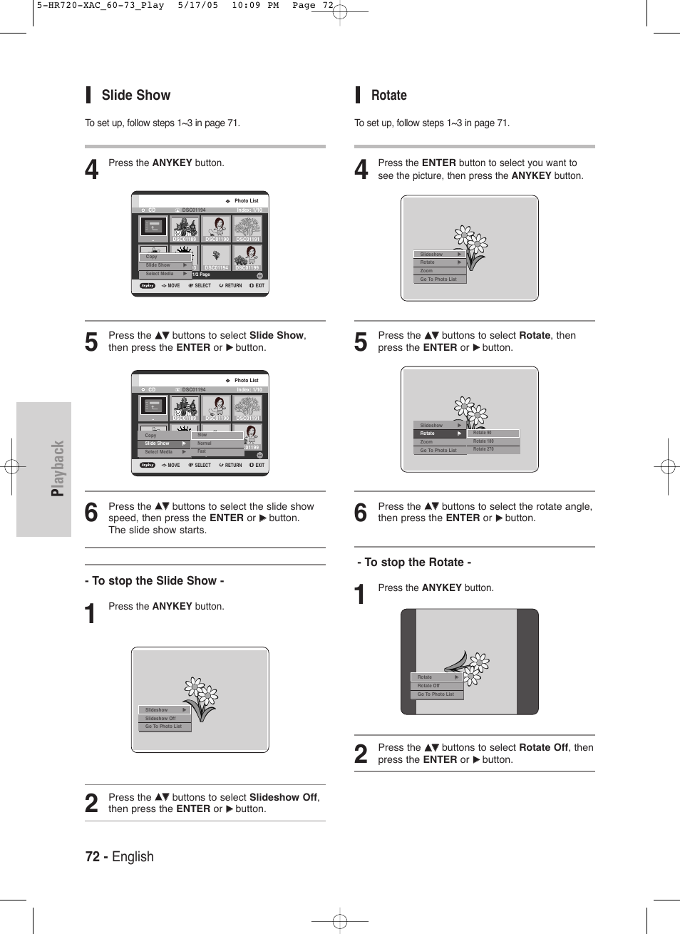 Playback, 72 - english, Slide show | Rotate | Samsung DVD-HR720 User Manual | Page 72 / 130