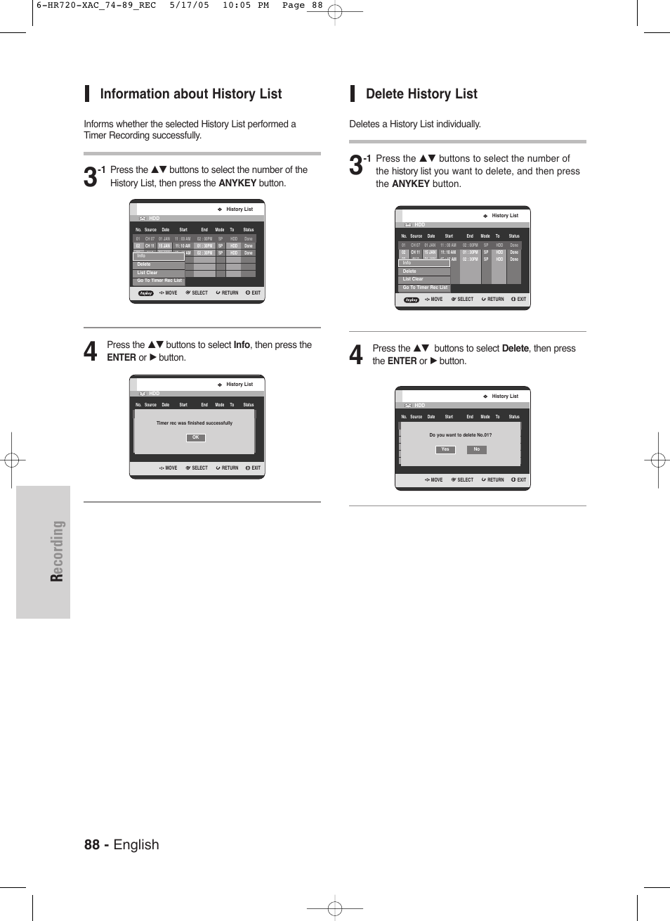 Recording, 88 - english, Delete history list | Information about history list, Deletes a history list individually | Samsung DVD-HR720 User Manual | Page 88 / 130