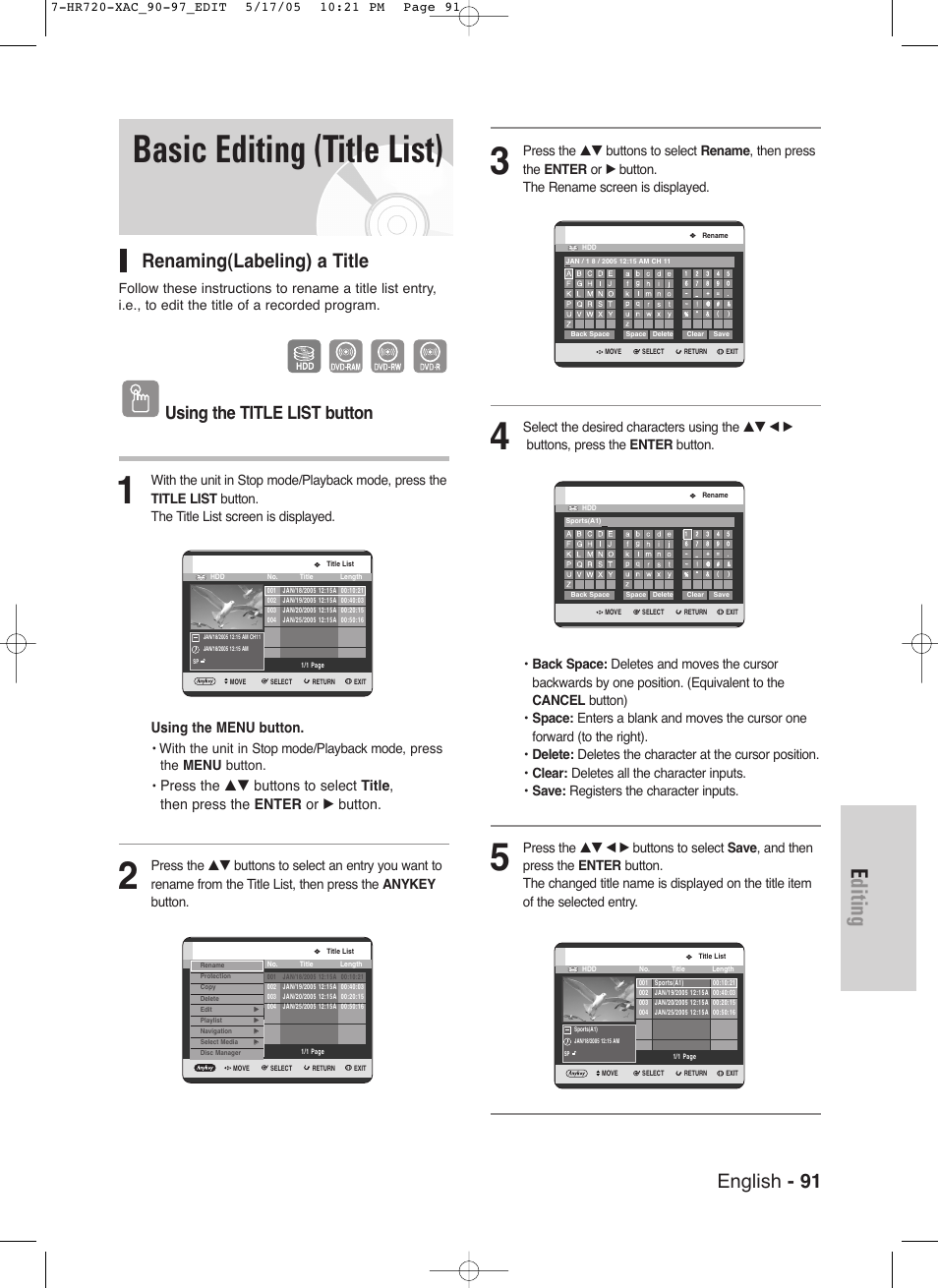 Basic editing (title list), Editing, English - 91 | Renaming(labeling) a title, Using the title list button, Using the menu button | Samsung DVD-HR720 User Manual | Page 91 / 130