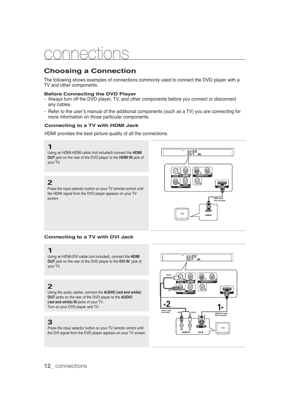 Connections, Choosing a connection, Connecting to a tv with hdmi jack | Connecting to a tv with dvi jack, 12_ connections | Samsung DVD-1080P9 User Manual | Page 12 / 68