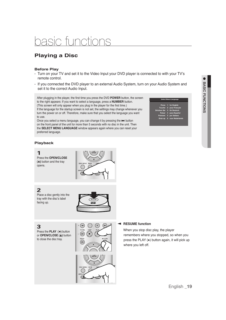 Basic functions, Playing a disc, English _19 | Samsung DVD-1080P9 User Manual | Page 19 / 68