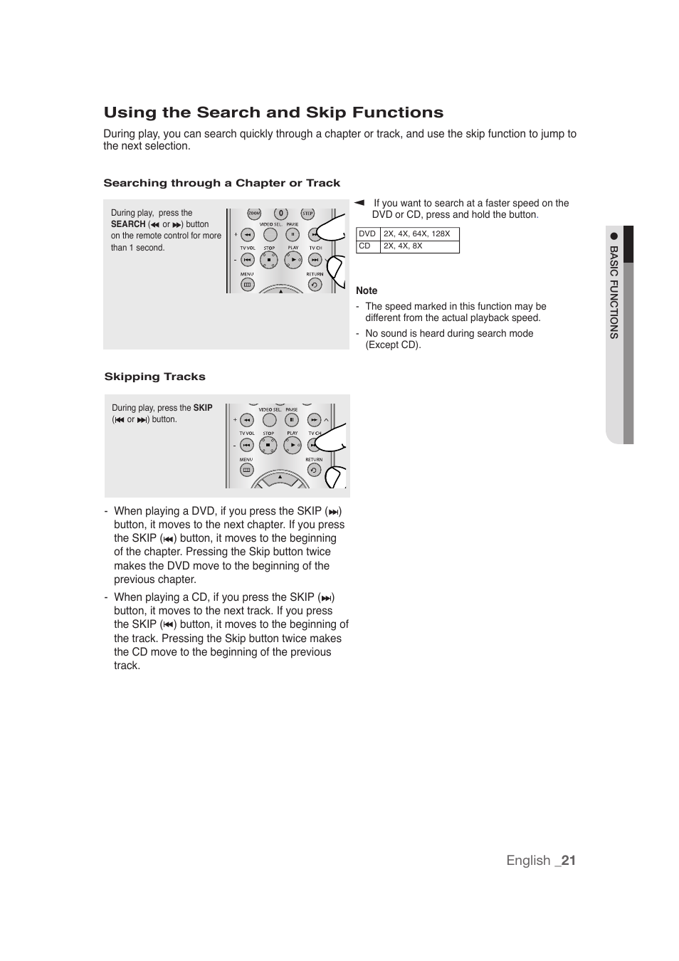 Using the search and skip functions, English _21 | Samsung DVD-1080P9 User Manual | Page 21 / 68