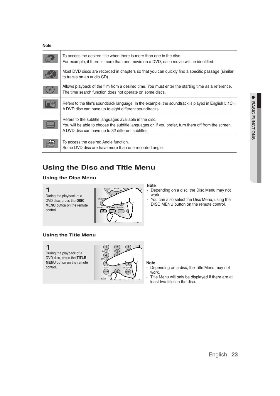 Using the disc and title menu, English _23 | Samsung DVD-1080P9 User Manual | Page 23 / 68
