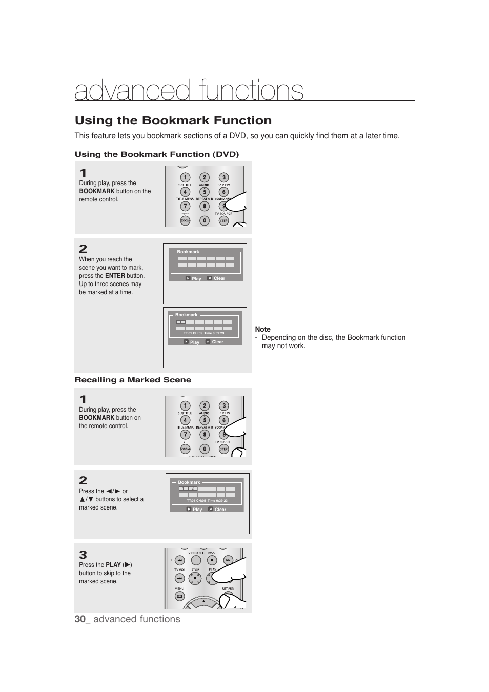 Using the bookmark function, Advanced functions, 30_ advanced functions | Samsung DVD-1080P9 User Manual | Page 30 / 68