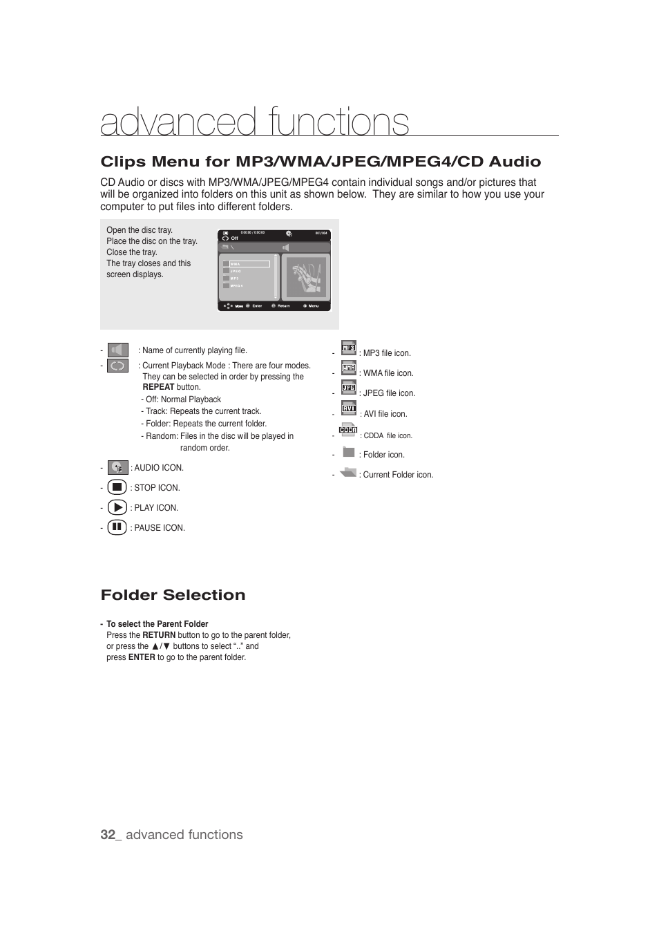 Clips menu for mp3/wma/jpeg/mpeg4/cd audio, Folder selection, Advanced functions | 32_ advanced functions | Samsung DVD-1080P9 User Manual | Page 32 / 68