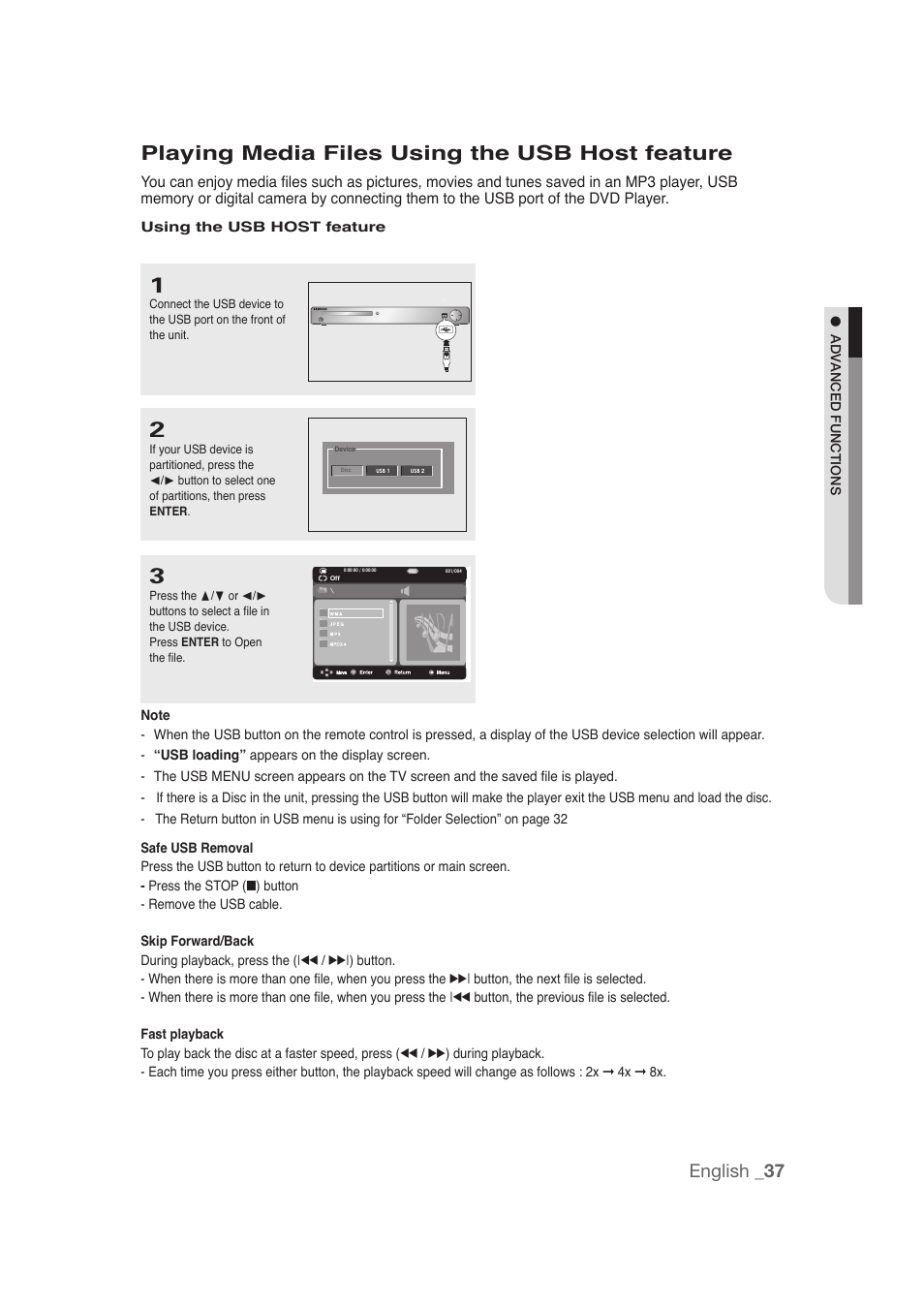 Playing media files using the usb host feature, English _37 | Samsung DVD-1080P9 User Manual | Page 37 / 68