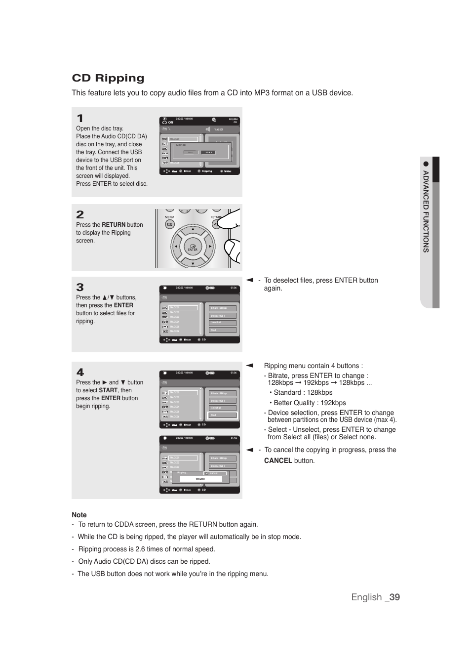 Cd ripping, English _39, Advanced functions | Samsung DVD-1080P9 User Manual | Page 39 / 68