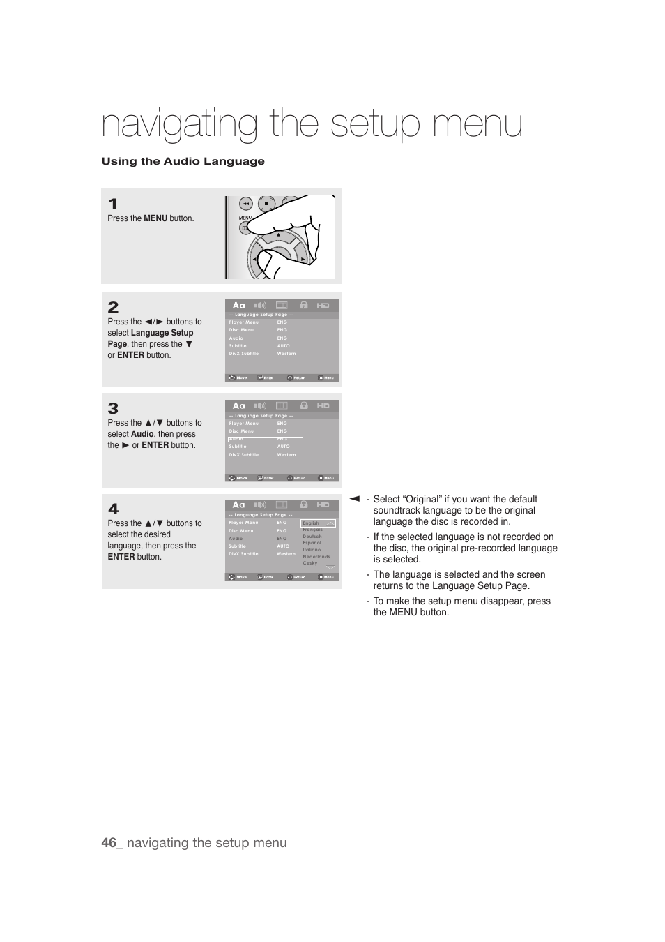 Navigating the setup menu, 46_ navigating the setup menu | Samsung DVD-1080P9 User Manual | Page 46 / 68