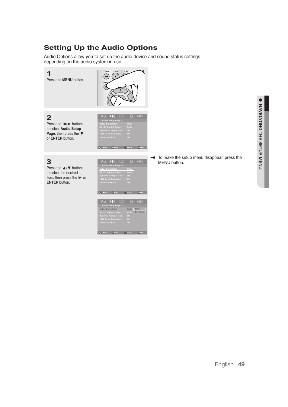 Setting up the audio options, English _49, Navigating the setup menu | Samsung DVD-1080P9 User Manual | Page 49 / 68