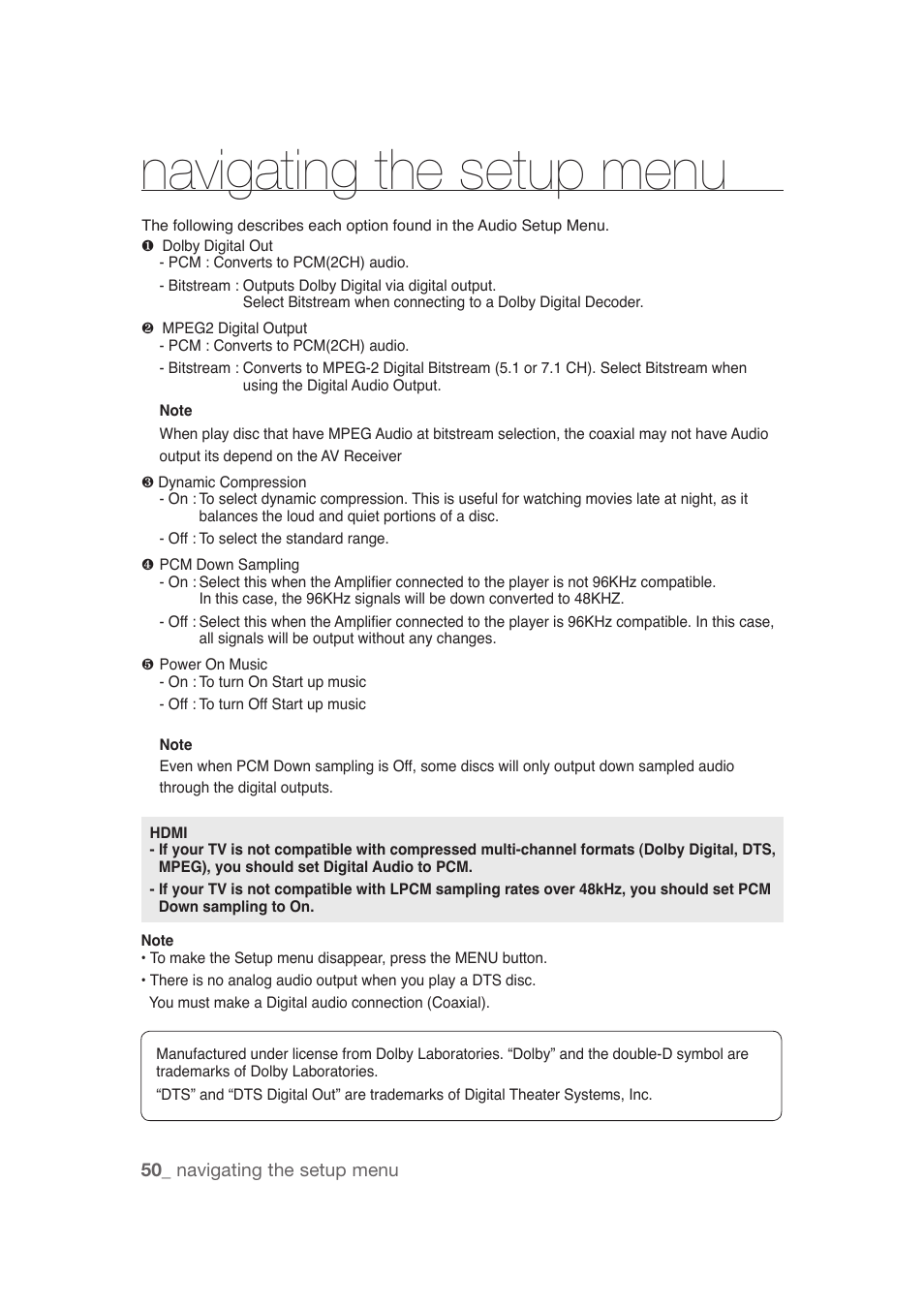 Navigating the setup menu | Samsung DVD-1080P9 User Manual | Page 50 / 68