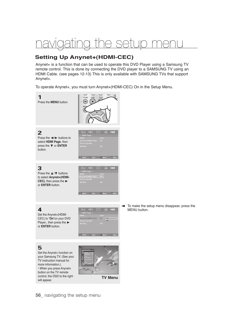 Setting up anynet+(hdmi-cec), Navigating the setup menu, 56_ navigating the setup menu | Tv menu | Samsung DVD-1080P9 User Manual | Page 56 / 68