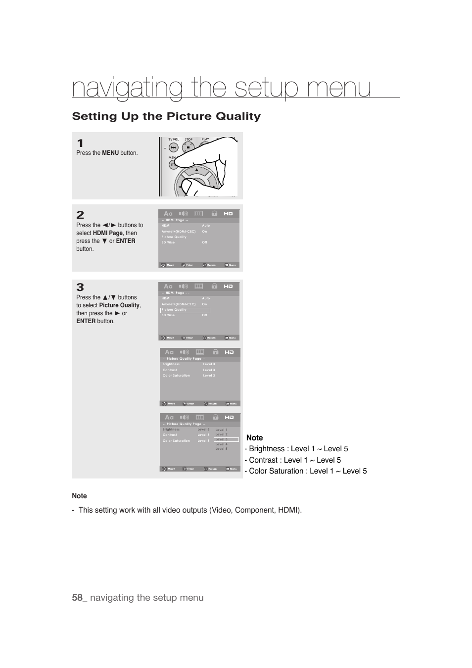 Setting up the picture quality, Navigating the setup menu, 58_ navigating the setup menu | Samsung DVD-1080P9 User Manual | Page 58 / 68