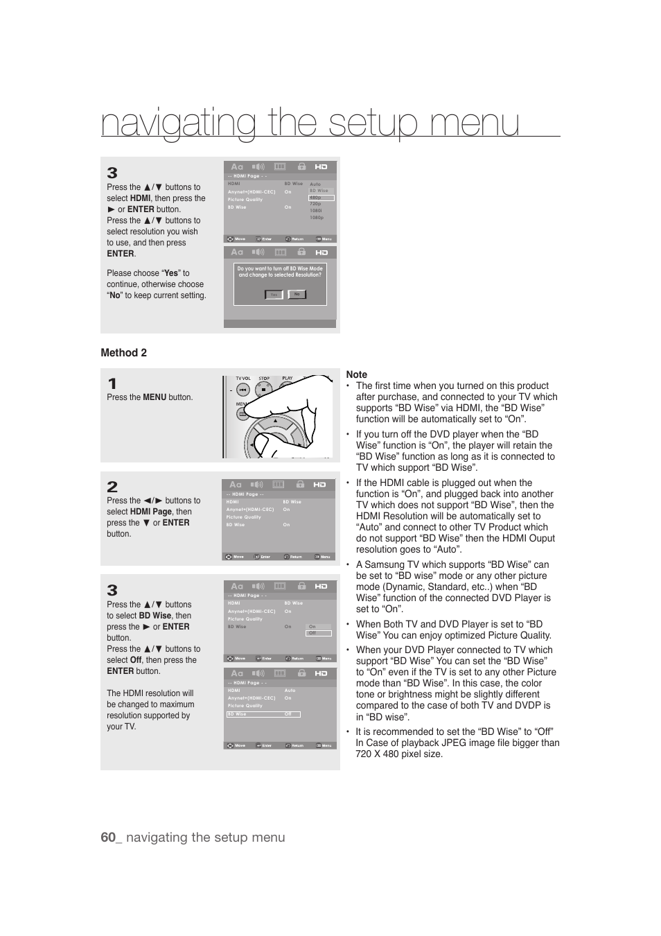 Navigating the setup menu, 60_ navigating the setup menu, Method 2 | Samsung DVD-1080P9 User Manual | Page 60 / 68